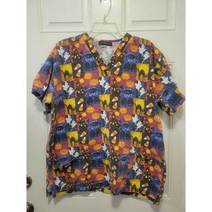 Halloween Scrub Top Medium Adult Med Wear Candy Corn Ghosts Black Cats Nurses